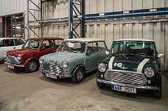 Lier, Belgium, 2018 - Three Mini Coopers of various ages; from left a Mark III by British Leyland Motor, as made from 1969-1976; a Mark Mark I Morris Mini Cooper as produced until 1967; and a Mark VII made by Rover, 1996-2000.