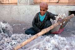 A boy separating cotton fibres in a workshop in Kandahar. He uses a stick, suspended from the ceiling, with an iron wire that he flicked through the pile of fibres, separating them.