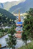 View to the elaborately decorated chorten (stupa) at Thupsung Dhorgye Ling Monastery.