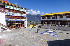 The main court with the Dukhang, (main assembly hall), built in 1860–61, and ground paintings in Tawang Monastery, the second-largest Buddhist monastery in the world.