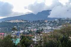 View over Tawang, with Tawang Monastery at left, from the War Memorial, two kilometres south of the town.