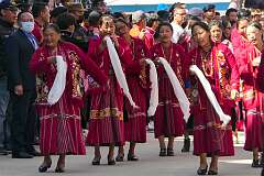 Monpa women dancing in the Carnival Parade on the first day of the Tawang Festival.