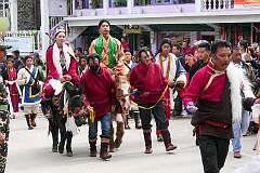 A man in Monpa headdress leading celebrants on pony in the Carnival Parade on the last day of the Tawang Festival.
