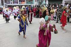 The Carnival Parade, with many colourful dancers, on the last day of the Tawang Festival.
