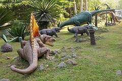 A display of life-size sculptures of Dimetrodon and dinosaurs in the Regional Science Centre.