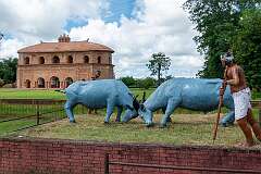 Depiction of a bullfight at Rang Ghar, a double-storied oval-shaped royal pavilion built for watching games of birds and animals by the Ahom King Pramatta Singha (1744-1751 CE).
