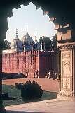 The Moti Masjid, a domed marble mosque inside the Red Fort complex, built by Mughal emperor Aurangzeb in 1659 CE, seen from the Diwan-i-Khas, the reception dating to 1648.