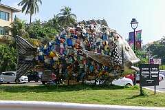 'The Plastic Pallu', a larger-than-life sculpture that portrays a magnificent fish, crafted entirely from discarded plastic waste, at Miramar Circle, installed to commemorate 50th World Environment Day.