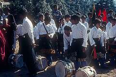 Drum band getting ready for the festivities celebrating 19 years of the Tibetan Children's Village in McLeod Ganj, Dharamshala.