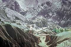 View to Lamayuru Gompa, a Tibetan Buddhist monastery on the Srinagar-Leh highway at a height to 3,510 metres and 115 kilometres west of Leh.