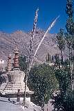 Two chortens, important religious monuments in Buddhism, symbolising Buddha’s presence, and prayer flags in Khalsi, 95 kilometres west of Leh.