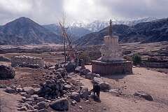 A chorten and scenery in Sakti, 10 kilometres north east of Chemrey and approximately 47 kilometres by road southeast of Leh.