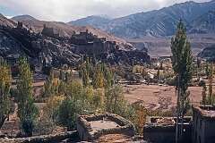View to Bazgo, 43 kilometres west of Leh, with its ruined palace fort, pillaged by Dogra General Zorawar Singh from Kashmir and his troops in 1834.