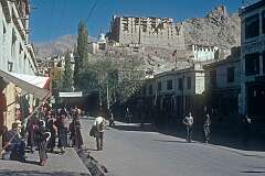 The Main Bazaar Road in Leh with view of Leh Palace.