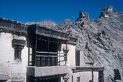 View from Leh Khar Palace to the Tsemo Maitreya and Tsemo Goenkhang Temples on the mountaintop.