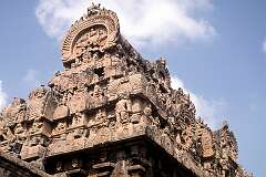 The top of the gopuram (temple tower) at the entrance to Brihadisvara Temple. It was built by the Chola emperor Rajaraja I between 1003 and 1010 in Thanjavur.