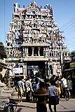 A richly carved “gopuram” or tower leading from the main entrance to the interior of the Sri Rangathaswamy Temple in Srirangam, dating back at least to the 10th century.