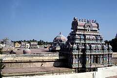 View over the richly carved roofs of the Sri Rangathaswamy Temple in Srirangam, dedicated to Ranganatha (a manifestation of Vishnu) and among the most illustrious Vaishnava temples in South India, rich in legend and history.