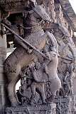 One of the rich sculptures inside the Srirangam Rangathaswamy Temple, first built by the Chola ruler, Dharmavarma. The Kaveri river flood destroyed the temple vimanam, and later, the early Cholas King Killivalavan rebuilt the temple complex that is present today.