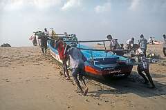 Fishermen pulling their boat ashore.
