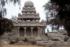 Dharmaraja Ratha, in the Pancha Rathas complex, one of the five sculptured temples in the shape of chariots, in Mahabalipuram. It dates to the reign of Narasimhavarman II (695 to 728 CE).