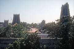 The “gopuram” gateway towers of the Arulmigu Meenakshi Sundareswarar Temple in Madurai, dedicated to the goddess Meenakshi, (a manifestation of Parvati) and her consort Sundareswarar (a form of Shiva).