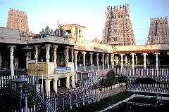 Sunrise at Golden Lotus Tank in the Meenakshi Temple; the temple was rebuilt in the 17th century during the reign of King Tirumalai Nanak (1623-1655).