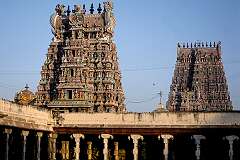 The “gopuram” or temple towers looming over the Sri Meenakshi Temple, originally built by Pandyan Emperor Sadayavarman Kulasekaran I (1190–1216), destroyed in the 14th century but rebuilt and expanded.