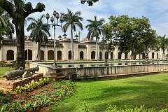 The Northern courtyard of the Chowmahalla Palace with the pool and the Bara Imam, the long corridor of rooms on the east side that used to house the administration