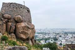 View with a watchtower, from the hill at Golconda Fort, a fortified citadel, looking towards Hyderabad.