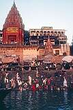 Prayag Ghat, built by Balaji Bajirao in 1778, with bathers, on the banks of the Ganges river in Varanasi.