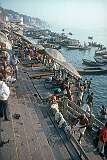 A ghat, with bathers, on the banks of the Ganges river in Varanasi.