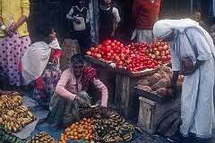 Fruits at Raja Dorjee Market in Kalimpong, with a Catholic nun.