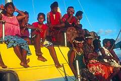 Passengers on the catamaran “Baurua” sailing between Tarawa and Abaiang atoll.