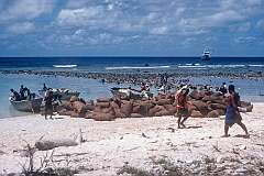 Carrying bags of copra to the beach in Taribo, to be taken by dinghy to the ship “Nei Momi“ anchored offshore.