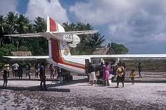 The 18-seat three-engined Britten-Norman Trislander of Air Tungaru on the airport near the village of Butaritari.