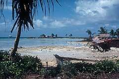 The wreck of a Japanese Mitsubishi G4M “Betty” bomber on the beach of the lagoon in Butaritari village.