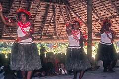 Girls performing traditional Gilbertese dancing in the Maneaba “Te Aake”.