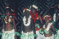 Young girls perform traditional Gilbertese dancing from Kiribati in the Mendana Hotel in Honiara.