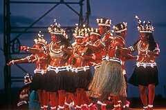 Dancers from Banaba (Kiribati) living in Fiji, dance at the Rock Pool stage, in the Festival of Pacific Arts, Townsville, Queensland, Australia in August 1988.
