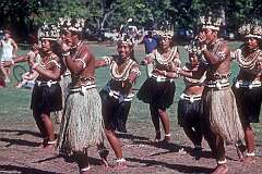A dance by boys and girls from Banaba in Kiribati, living in Rabi, Fiji, in Queens Park, at the Festival of Pacific Arts in Townsville.