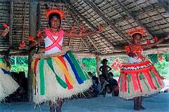 Girls performing traditional Gilbertese dancing in the maneaba “Te Aake” in Ukiangang, Butaritari atoll.