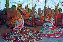 A traditional Gilbertese “sit-down” dance in the maneaba “Te Aake” in Ukiangang.