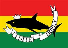 ROYAL FLAG OF ABEMAMA, 1889 - Apparently, a Royal Flag was also designed with the shark wearing a white crown and a scroll with the words “I bite triply”, maybe referring to the three islands of Binoka’s kingdom: Abemama, Kuria and Aranuka. Binoka died in November 1891, and the following year, Edward Davis declared a protectorate over the Gilbert Islands. As a result, these flags were no longer used.