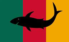 KINGDOM OF ABEMAMA, 1889 - King Binoka of Abemama, who, although he had not allowed Westerners to settle on his island, had taken a liking to the author Robert Louis Stevenson and his family and, when guests of Binoka, Fanny, Robert Stevenson’s wife, designed a new flag for Binoka. It was coloured red, yellow, and green and featured in the centre a black shark, a legendary ancestor of the king’s dynasty. Although often depicted as a horizontal tricolour, it has, according to Fanny Stevenson’s own drawing, vertical stripes of green, red and yellow.