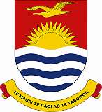 REPUBLIC OF KIRIBATI, 1979 - The National Emblem of Kiribati, derived from the badge designed by Sir Arthur Grimble in 1931, features a golden-coloured lesser frigatebird over a rising sun on a red background and white and blue stripes, representing the Pacific Ocean. The three pairs of stripes represent the three archipelagos of the nation (Gilbert, Phoenix and Line Islands). The seventeen rays of the sun represent the 16 Gilbert Islands and Banaba. On the ribbon under the shield is the Gilbertese motto, “Te Mauri te Raoi ao te Tabomoa” (Health, Peace, and Prosperity).