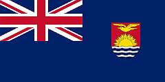 GILBERT AND ELLICE ISLANDS COLONY, 1937 - The British Protectorate of the Gilbert Islands became a crown colony in 1916, together with the Polynesian Ellice Islands (now Tuvalu). In 1937, the colony adopted a flag, the usual Blue Ensign with a badge, designed by Sir Arthur Grimble, the Resident Commissioner of the colony in 1931. The badge features a golden-coloured lesser frigatebird over a rising sun on a red background, set against white and blue stripes, symbolising the Pacific Ocean.