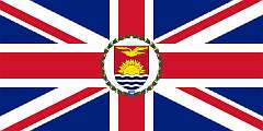 GOVERNOR OF THE GILBERT AND ELLICE ISLANDS, 1937 - The flag of the Governor of the Gilbert and Ellice Islands was the British Union Flag charged in the centre on a white roundel surrounded by a laurel wreath, with the badge featuring a golden-coloured lesser frigatebird over a rising sun on a red background, over white and blue stripes, symbolising the Pacific Ocean.