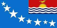 TARAWA ATOLL - There are some design proposals for municipal flags of the separate islands, but those don’t seem to be official yet. Tarawa, the atoll with the government centre and the largest population of Kiribati, features a sky blue flag with eight white, five-pointed stars of varying sizes arranged in a curve, possibly representing the different islands. In a canton on the fly is the National flag of Kiribati.