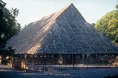 The Atanikarawa maneaba, the meeting hall in the village of Buota, in Tabiteuea North. It houses the bones of the 18th-century warrior Kourabi, kept in a basket hanging from the roof in the middle of the hall.